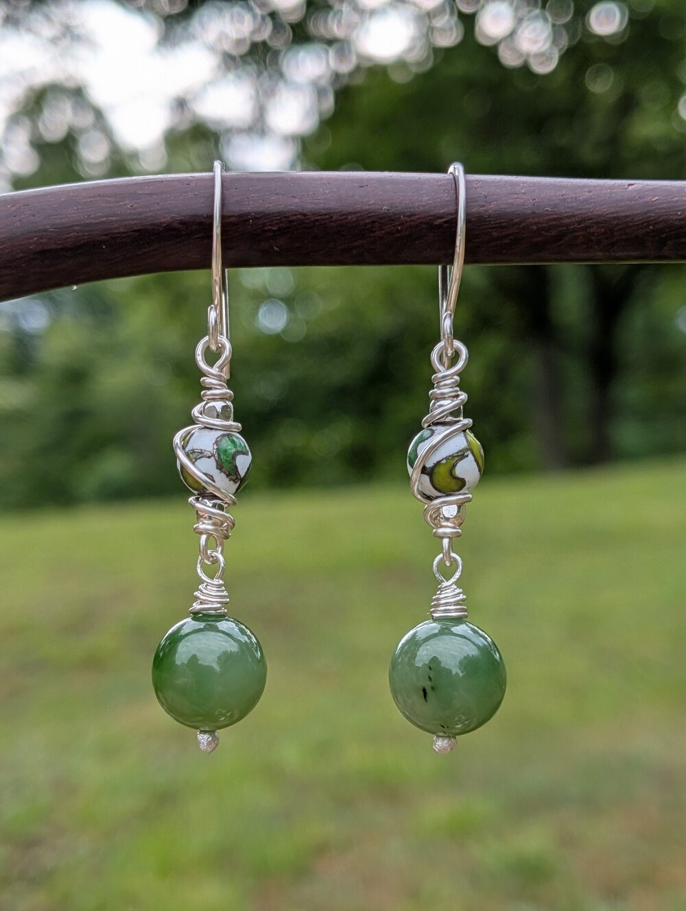 Artisan Jade Earrings-Natural Gemstone and Vintage Cloisonne In Sterling Silver - Picture 10 of 14
